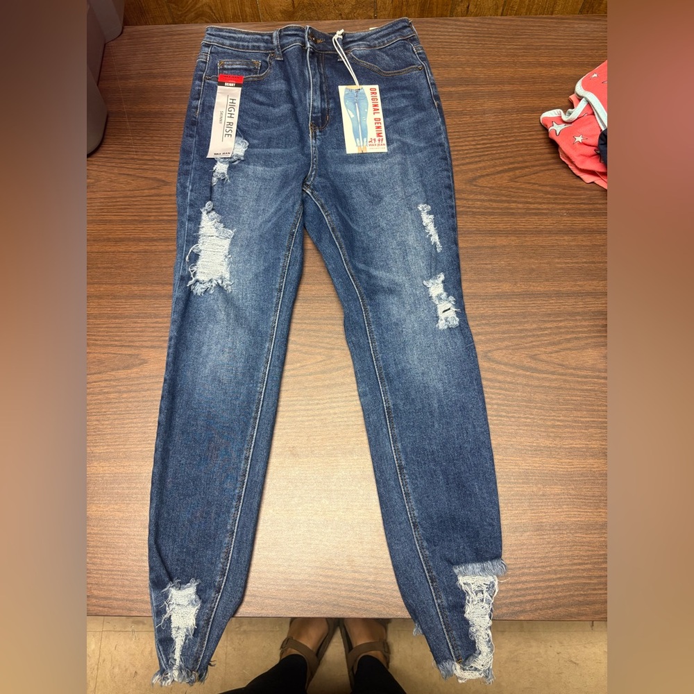 Wax Jean Women's Distressed Dark Blue Skinny Jeans